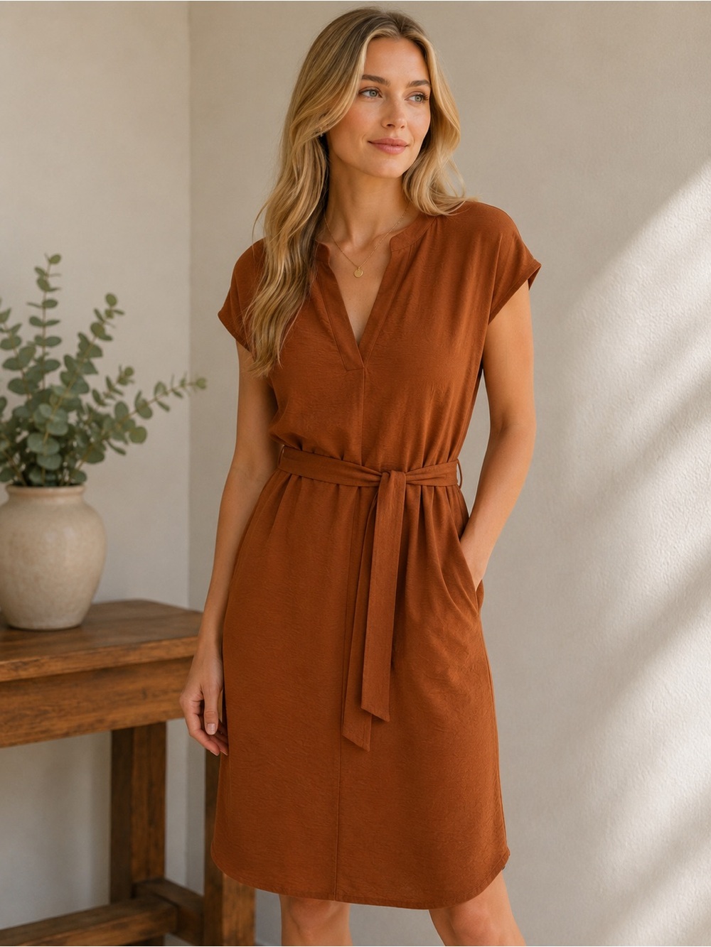 New with Tags Lightweight Jones NY Belted VNeck Short Sleeve Dress in Rust Sz 12